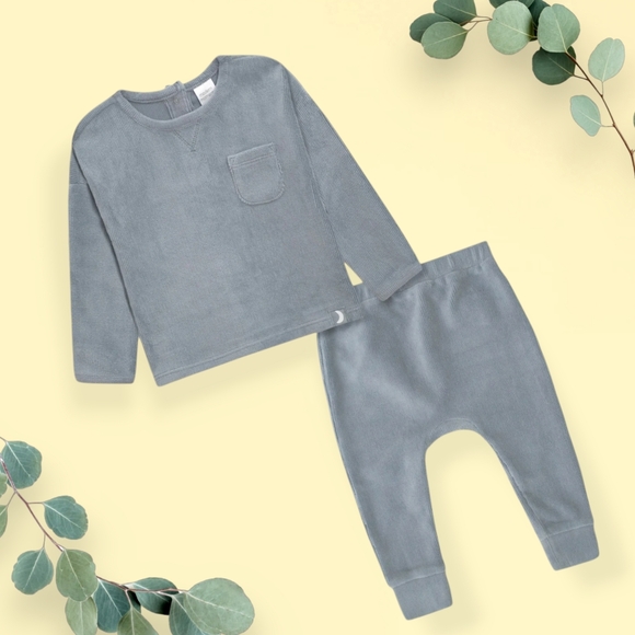 BabyGender Neutral Long Sleeve Velour Top & Pant 2-Piece Outfit Set - Picture 2 of 3